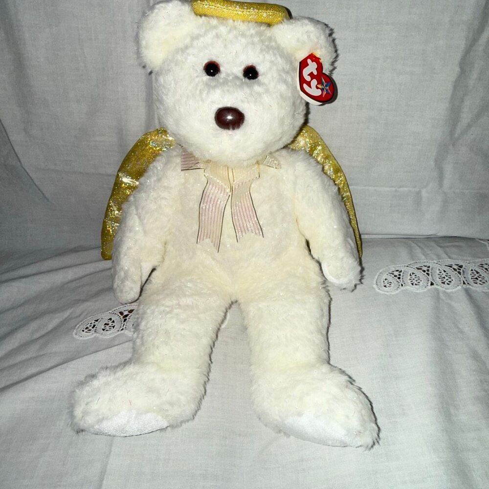 Ty Beanie Buddy Halo II Angel Bear 2000 White Gold Wings Iridescent Sparkle MWMT